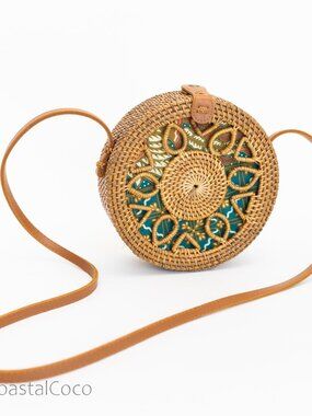 Bali Bag Wicker Rattan 8 In. Round Lined Leather Strap Boho Coastal Summer